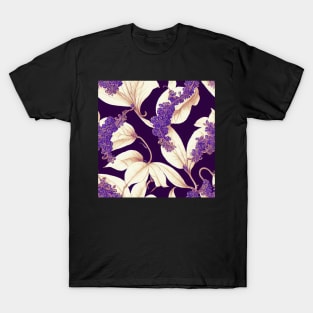 Big and Bold Purple and Light Ivory Cream Floral Design T-Shirt